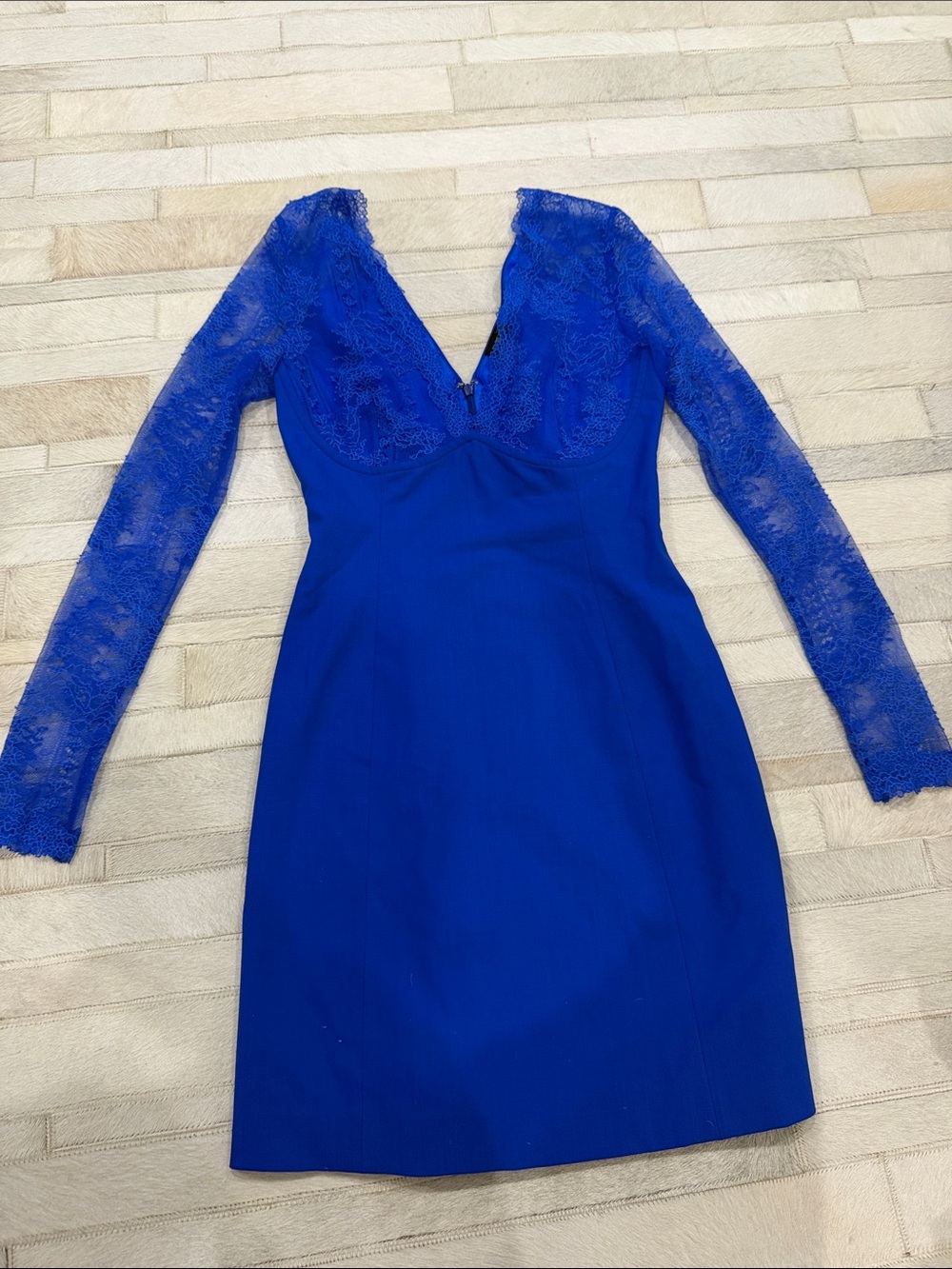 La Perla Women’s Royal Blue Lace and wool  Sleeve V-Neck Dress